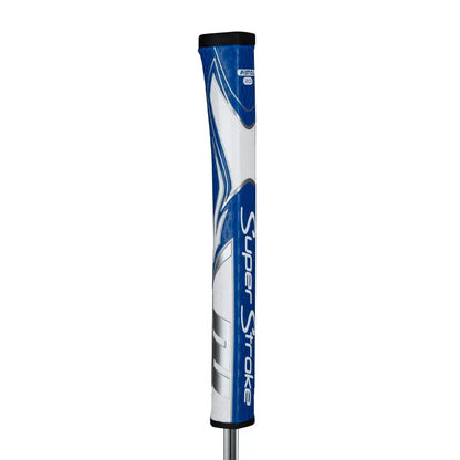 SuperStroke Zenergy Pistol putter grip in blue and white, featuring No Taper Technology for consistent strokes.