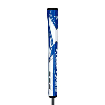 SuperStroke Zenergy Pistol putter grip in blue and white, featuring No Taper Technology for better grip control.