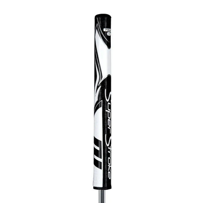 SuperStroke Zenergy Tour 1.0 putter grip in white and black, designed for a consistent stroke and grip pressure reduction.