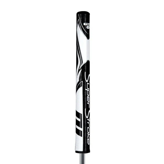 SuperStroke Zenergy Tour 1.0 putter grip in white and black, designed for a consistent stroke and grip pressure reduction.