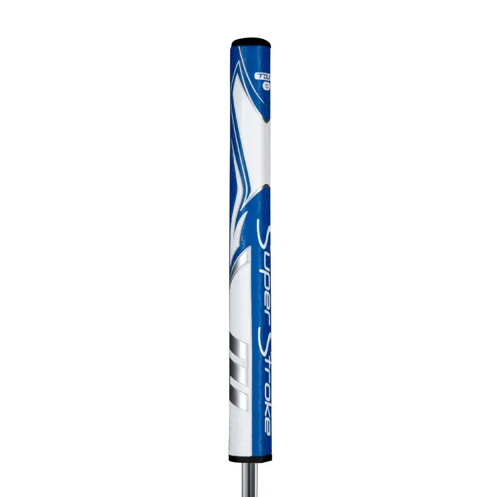 SuperStroke Zenergy Tour 1.0 putter grip in blue and white with a tapered design for optimal grip and performance.
