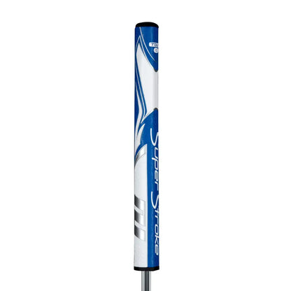 SuperStroke Zenergy Tour 1.0 putter grip in blue and white with a tapered design for optimal grip and performance.