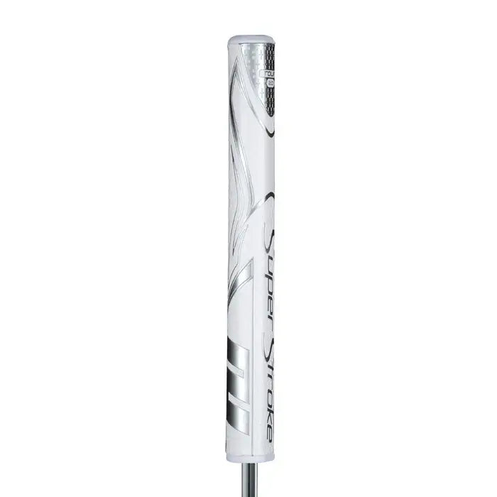 SuperStroke Zenergy Tour 2.0 putter grip featuring a white and silver design, minimizing grip pressure for a consistent stroke.
