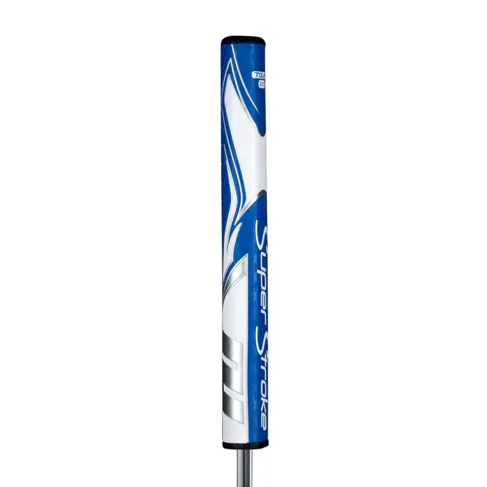 SuperStroke Zenergy Tour 2.0 putter grip in blue and white, designed for a consistent stroke and reduced grip pressure.