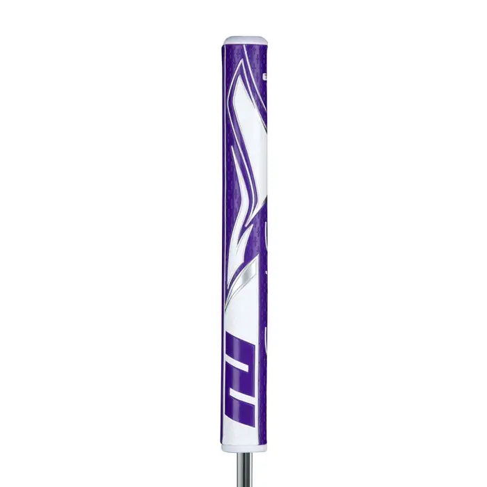 SuperStroke Zenergy Tour 2.0 putter grip in purple and white, featuring traditional profile for better stroke control.
