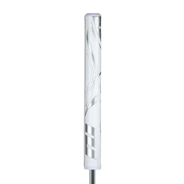 SuperStroke Zenergy Tour 2.0 putter grip in white and silver, designed for a consistent stroke and minimal grip pressure.