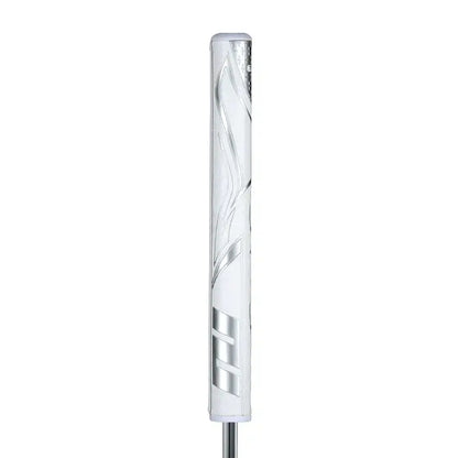SuperStroke Zenergy Tour 2.0 putter grip in white and silver, designed for a consistent stroke and minimal grip pressure.