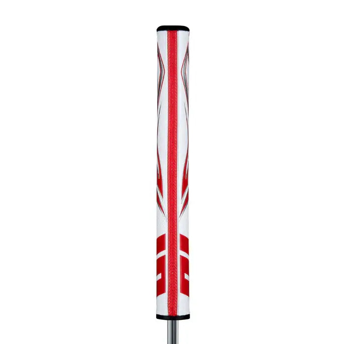 SuperStroke Zenergy Tour 2.0 putter grip in white and red, designed for consistent strokes and reduced grip pressure.