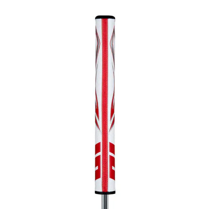 SuperStroke Zenergy Tour 2.0 putter grip in white and red, designed for consistent strokes and reduced grip pressure.