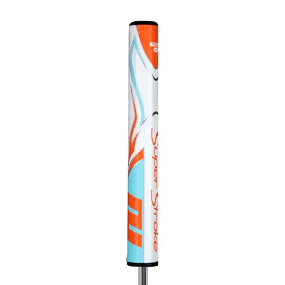 SuperStroke Zenergy Tour 3.0 Putter Grip in white and orange design, enhancing stroke consistency and minimizing grip pressure.