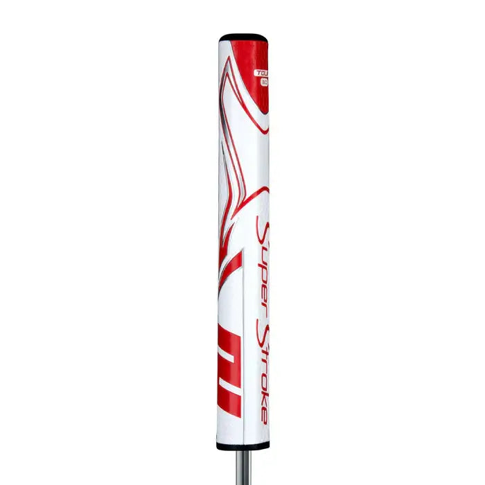 SuperStroke Zenergy Tour 3.0 putter grip in white and red, designed for better stroke consistency and reduced grip pressure.