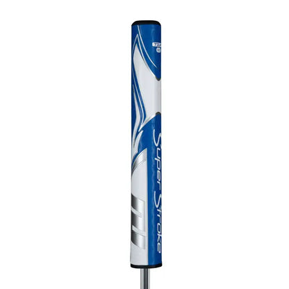 SuperStroke Zenergy Tour 3.0 putter grip in blue and white, designed for a consistent stroke and reduced grip pressure.