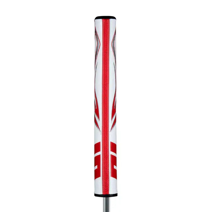 SuperStroke Zenergy Tour 3.0 putter grip in white and red, designed for consistent strokes and minimal grip pressure.