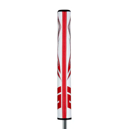 SuperStroke Zenergy Tour 3.0 putter grip in white and red, designed for consistent strokes and minimal grip pressure.