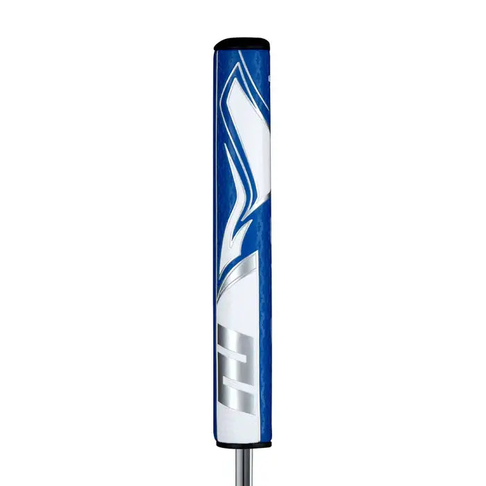 SuperStroke Zenergy Tour 5.0 putter grip in blue with a unique design for enhanced grip and stroke consistency.