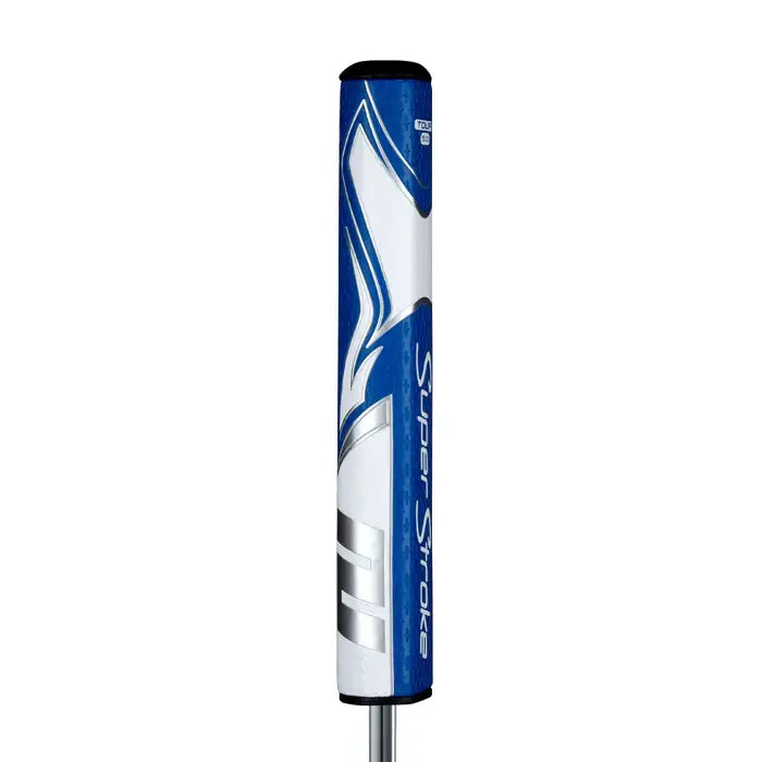 SuperStroke Zenergy Tour 5.0 putter grip in blue and white, designed for improved stroke confidence and consistency.