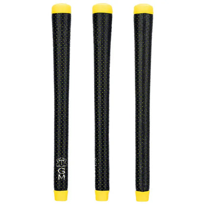 Three Master Sewn black golf grips with yellow ends, featuring aggressive perforation for optimal traction and control.