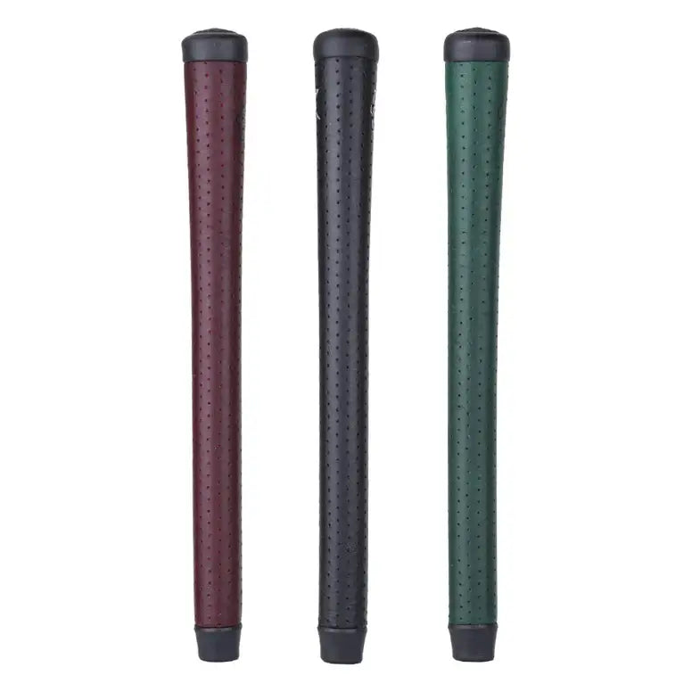 Three premium Kangaroo leather golf grips in burgundy, black, and green with unique tacky feel and sewn finishing.