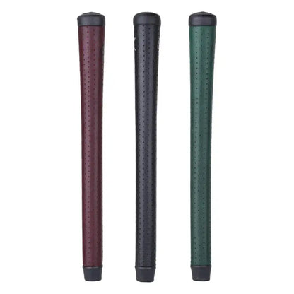 Three premium Kangaroo leather golf grips in burgundy, black, and green with unique tacky feel and sewn finishing.