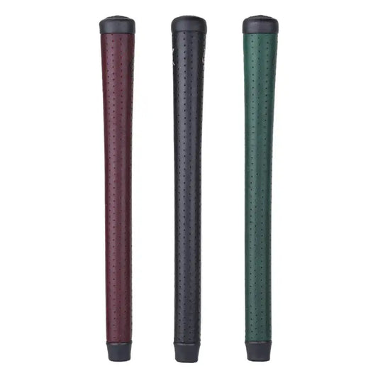 Three premium Kangaroo leather golf grips in burgundy, black, and green with unique tacky feel and sewn finishing.