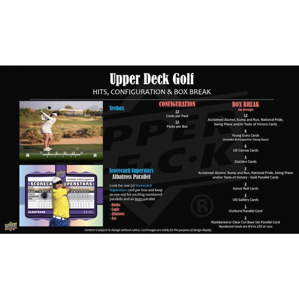 2025 Upper Deck Golf Hobby Box (Pre Order) configuration details including base set and hit information.