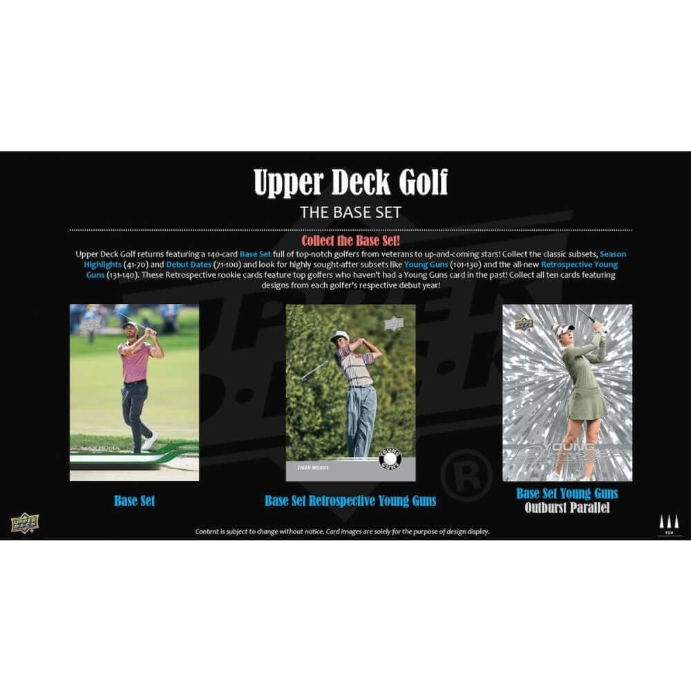 2025 Upper Deck Golf Hobby Box (Pre Order) showing Base Set, Base Set Retrospective Young Guns, and Base Set Young Guns OutBurst Parallel.