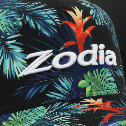 Zodia Botanical Mesh Cap with vibrant tropical pattern and white logo, perfect for summer resort styling.