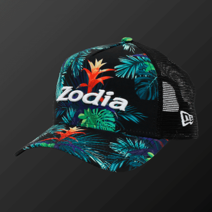 Zodia Botanical Mesh Cap featuring vibrant botanical pattern in black and tropical colors, perfect for summer wear.