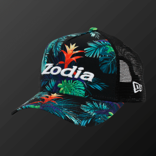 Zodia Botanical Mesh Cap featuring vibrant botanical pattern in black and tropical colors, perfect for summer wear.