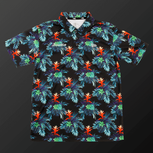 Zodia Botanical Polo Shirt featuring vibrant botanical print on black fabric, perfect for summer and resort wear.