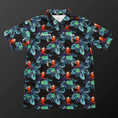 Zodia Botanical Polo Shirt featuring vibrant botanical print on black fabric, perfect for summer and resort wear.
