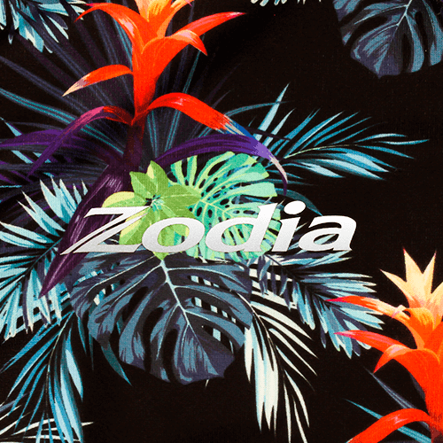 Zodia Botanical Polo Shirt with vibrant botanical pattern on black fabric, featuring the Zodia logo.