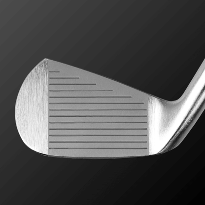 Close-up of Zodia Caiman IV MB golf club head, showcasing precision grooves and polished finish.