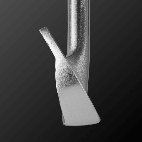 Close-up of Zodia Caiman IV MB golf club head, showcasing soft iron forging and polished finish by Fumio Chiba.