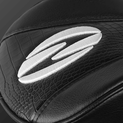 Close-up of Zodia Caiman Print Head Cover showing luxury leather texture and iconic logo detail.