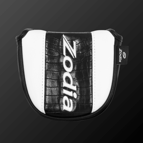 Zodia Caiman Print Putter Cover in black and white, designed for mallet type putters, featuring iconic caiman pattern.