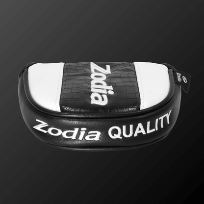 Zodia Caiman Print Putter Cover in black and white with 'Zodia QUALITY' text, designed for mallet putters.