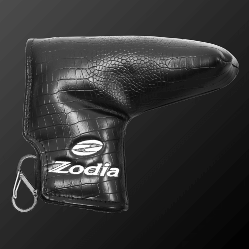 Zodia Caiman Print Putter Cover in black protecting putter head with logo, designed for blade and mallet types.