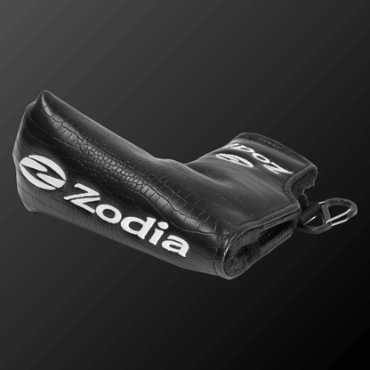 Zodia caiman print putter cover in black PU material, designed for various head shapes, featuring a convenient clip.