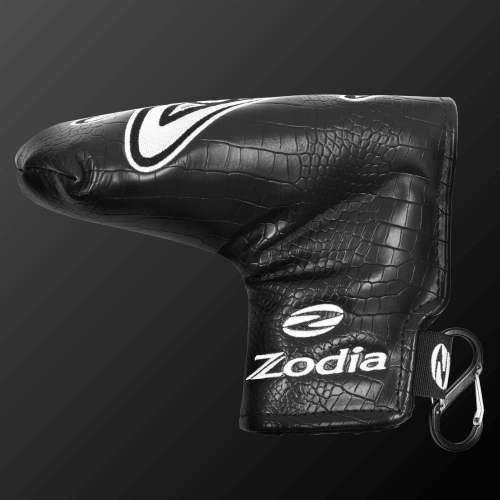 Zodia caiman print putter cover in black, designed for various putter head shapes and protection during transport.