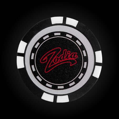 Zodia Casino Chip Marker featuring black and white design with Zodiac logo, perfect for gifts and collectors.