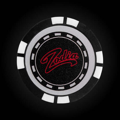 Zodia Casino Chip Marker featuring black and white design with Zodiac logo, perfect for gifts and collectors.