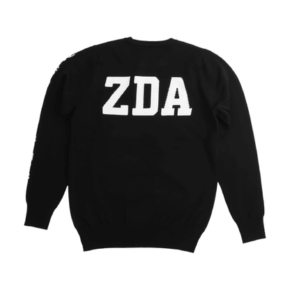 Zodia Crewneck Sweater in black featuring large ZDA logo on the back, combining style and functionality.