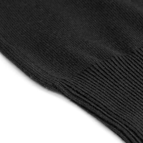 Close-up of Zodia Crewneck Sweater showcasing soft black knit fabric and ribbed detailing.