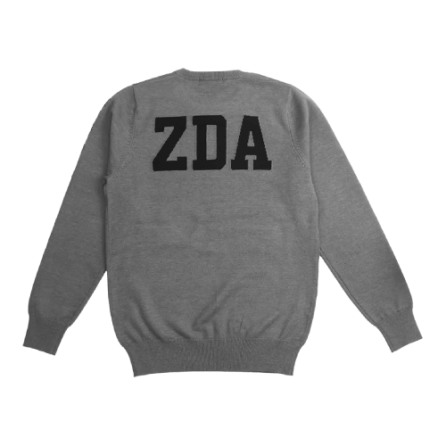 Zodia crewneck sweater in gray featuring a large ZDA logo on the back, showcasing stylish design and functionality.