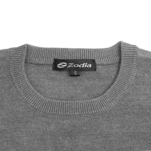 Zodia Crewneck Sweater in gray featuring a classic crew neck design and prominent logo tag.
