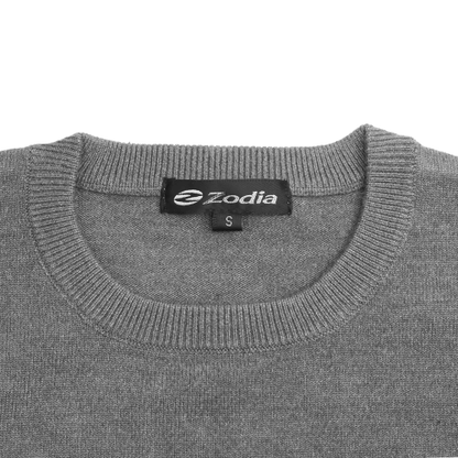 Zodia Crewneck Sweater in gray featuring a classic crew neck design and prominent logo tag.