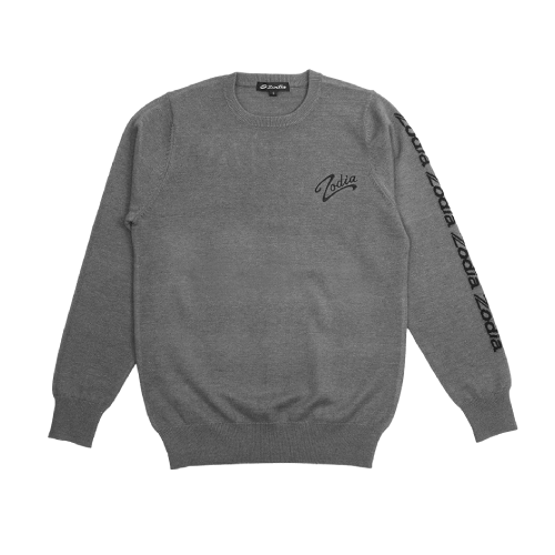 Zodia Crewneck Sweater in grey with embroidered logo and stylish branding on the sleeve, perfect for versatile wear.