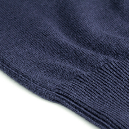 Close-up view of Zodia Crewneck Sweater in navy, showcasing premium knit texture and stylish design.