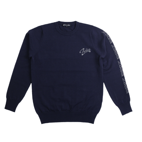Zodia Crewneck Sweater in navy blue featuring logo accents and classic design for casual wear.